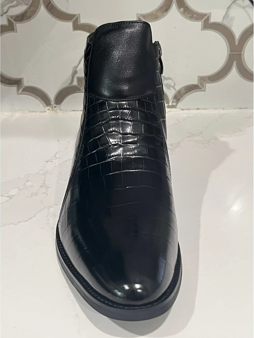 Men's Black Cowhide, Crocodile Print, Lined, Ankle Boots Zip Up, SZ 11
